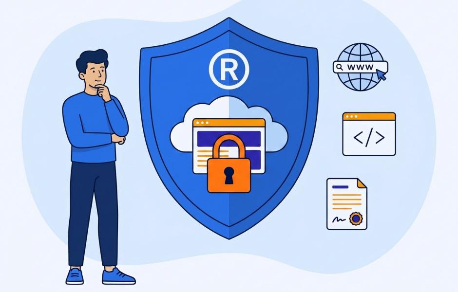 Ilustração de um homem em pose pensativa ao lado de um grande escudo azul que exibe o símbolo de marca registrada "®", uma nuvem, uma janela web e um cadeado alaranjado. Ao redor, ícones de globo com endereço web, código de programação e um certificado assinado reforçam o conceito de proteção de software e propriedade digital.