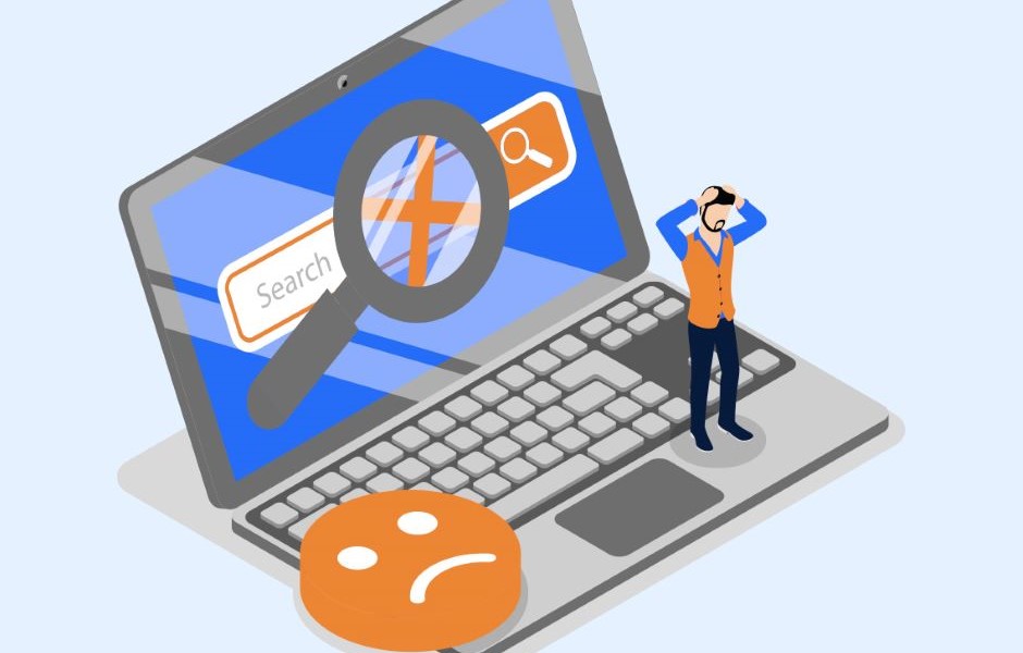 Ilustração de um homem pensativo ao lado de um laptop com uma lupa sobre uma busca na internet, representando dificuldades na pesquisa online.