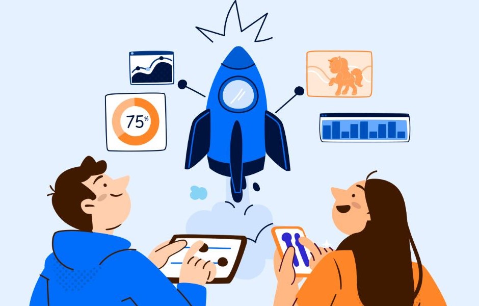 Ilustração de duas pessoas usando dispositivos móveis enquanto observam um foguete decolando, simbolizando inovação, tecnologia e crescimento digital.