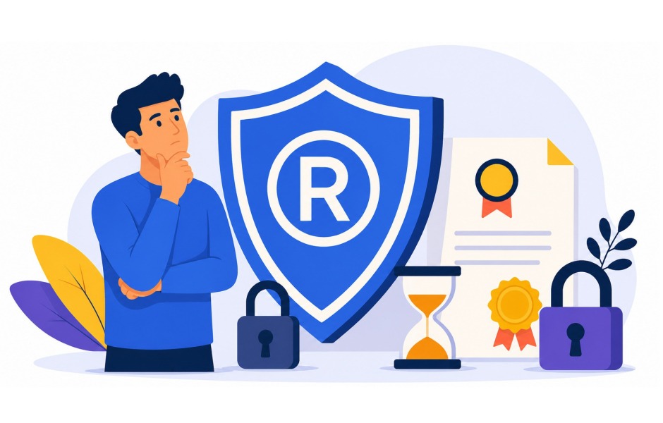 Ilustração de um jovem em pose pensativa ao lado de um grande escudo azul com o símbolo de marca registrada "®". O cenário é decorado com cadeados fechados, uma ampulheta e um certificado com selo, simbolizando segurança jurídica e propriedade intelectual.