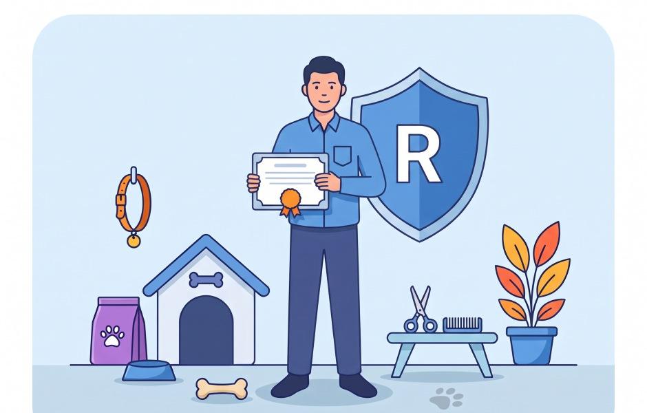 Ilustração de pessoa de camisa azul e calça escura segurando certificado com selo dourado em ambiente de pet shop ou cuidados animais. Ao fundo sobressaem escudo azul com letra "R", casinha de cachorro, saco de ração, tigela, osso, coleira pendurada, tesoura e pente sobre pequena mesa, além de planta em vaso.