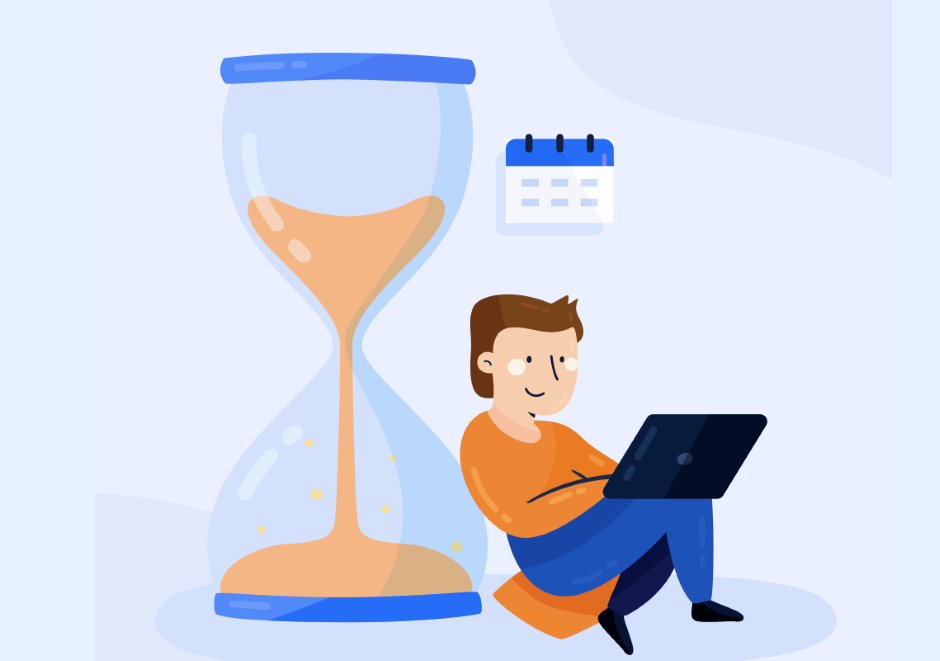 Ilustração de um homem usando um notebook, sentado em cima de uma almofada, escorado em uma ampulheta com um calendário flutuando acima dele