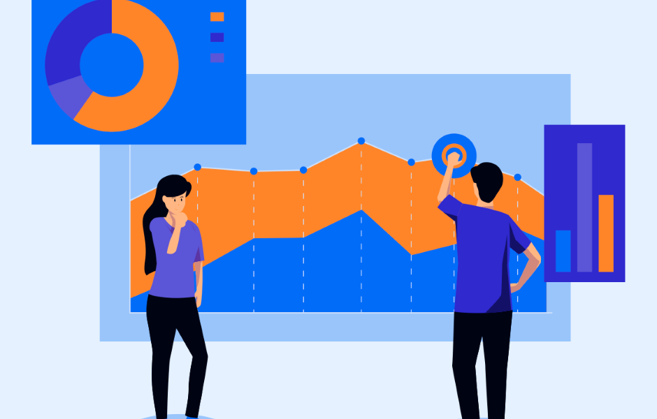 Ilustração de análise de dados em gráfico, com duas pessoas observando métricas de desempenho e gráficos coloridos de resultados.