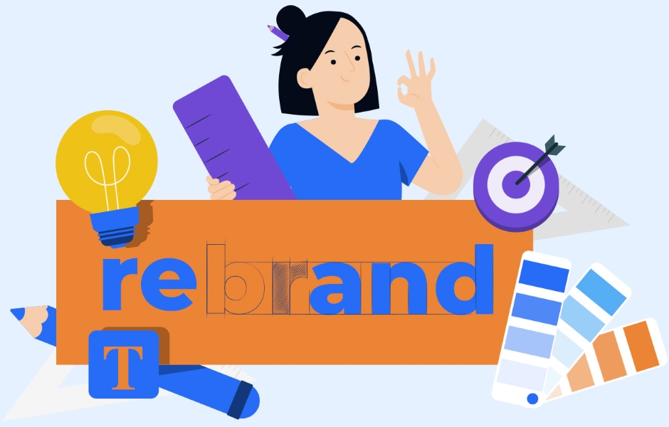 Imagem representando o conceito de rebranding, com uma mulher segurando ferramentas de design e elementos gráficos como uma lâmpada, régua e cores.
