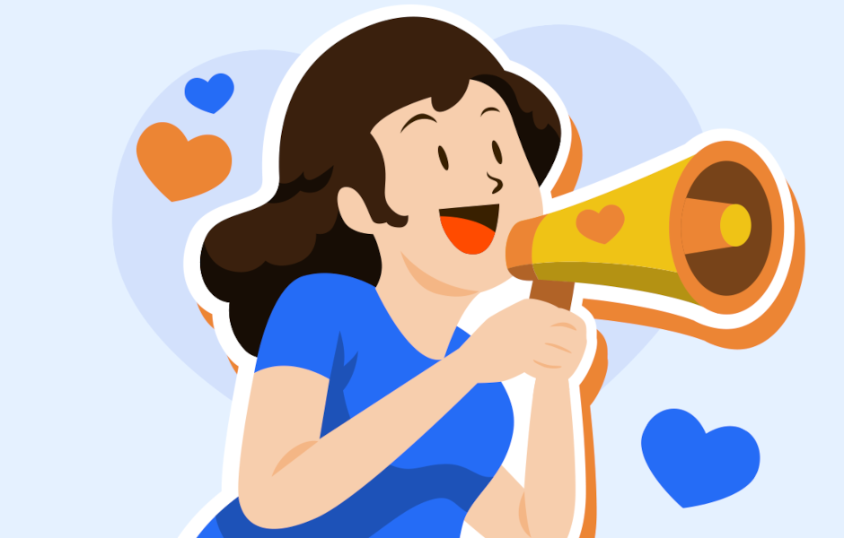 Ilustração exclusiva da Consolide mostrando desenho de uma mulher "cartoonizada" segurando um megafone, simbolizando a "voz da marca", fundo da imagem em cor branca