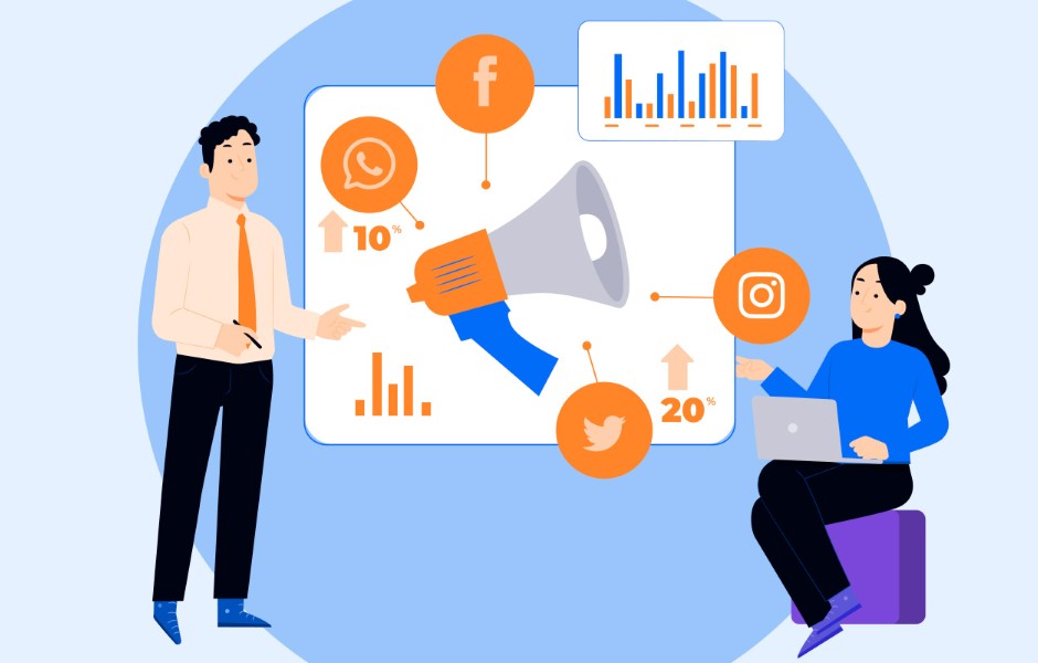 Ilustração de marketing digital mostrando um homem e uma mulher discutindo gráficos de redes sociais como Facebook, Instagram e Twitter com um megafone em destaque.