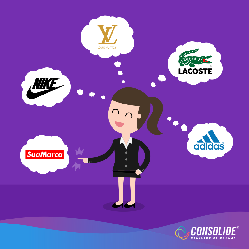Ilustração de uma personagem de trajes formais e rabo de cavalo sobre fundo roxo, apontando para um balão de pensamento com a inscrição "SuaMarca". Ao redor dela, outros balões flutuam exibindo marcas famosas como Nike, Louis Vuitton, Lacoste e Adidas, com a assinatura "Consolide Registro de Marcas" no canto inferior.