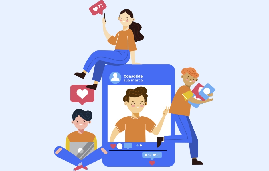 Imagem ilustrativa sobre as redes sociais, destacando a importância de consolidar sua marca com engajamento e interações. Quatro pessoas interagem com ilustrações de um smartphone.