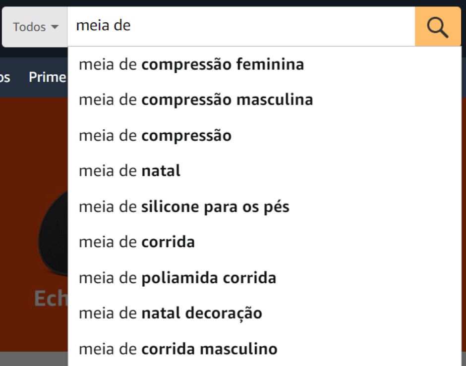 Barra de pesquisa amazon iniciando a pesquisa com as palavras "meia de" e mostrando as sugestões: completando com compressão feminina; compressão masculina; compressão; natal; silicone para os pés; corrida; poliamida corrida; natal decoração; corrida masculino;