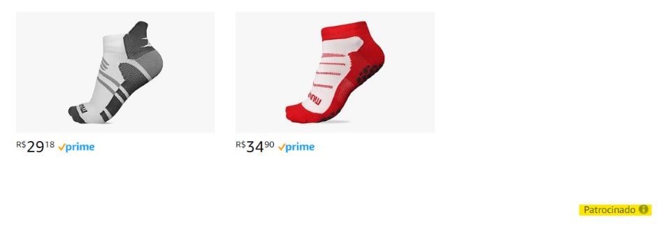 Duas meias na listas de produtos da loja amazon, uma meia no valor de R$ 29,18 e outra meia com o valor de R$ 34,90