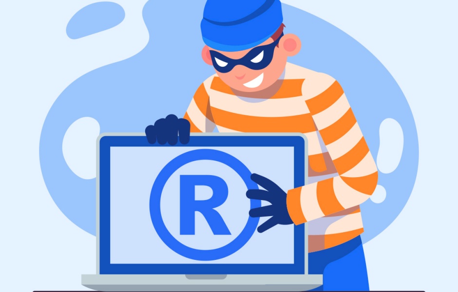 Alt text: Ilustração de um criminoso roubando o símbolo de marca registrada da tela de um notebook, representando violação de propriedade intelectual.