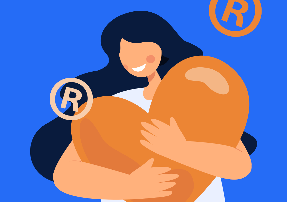 Ilustração de uma mulher abraçando um coração com dois símbolos de registro de marca voando pela imagem
