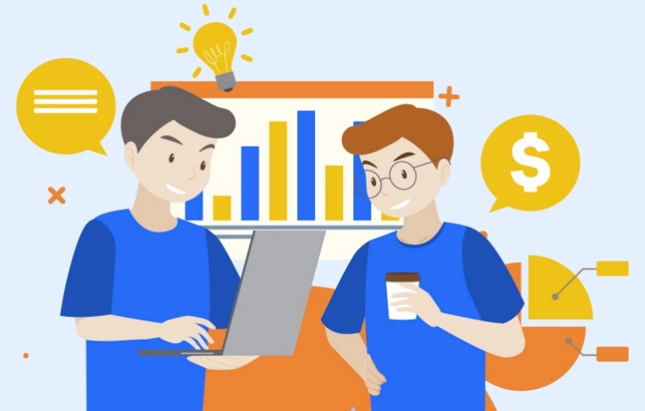 Dois jovens analisando gráficos em um laptop, simbolizando colaboração e trade. A imagem enfatiza estratégias de marketing digital e negócios.