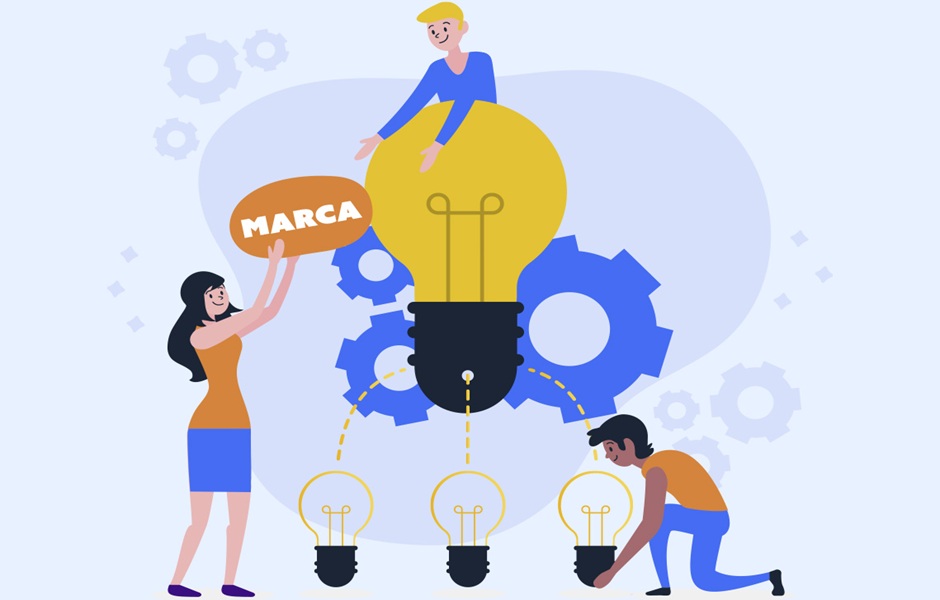 Ilustração de pessoas colaborando na criação de uma marca, envolvendo uma lâmpada de ideia, engrenagens e o conceito de branding em um ambiente de trabalho criativo.