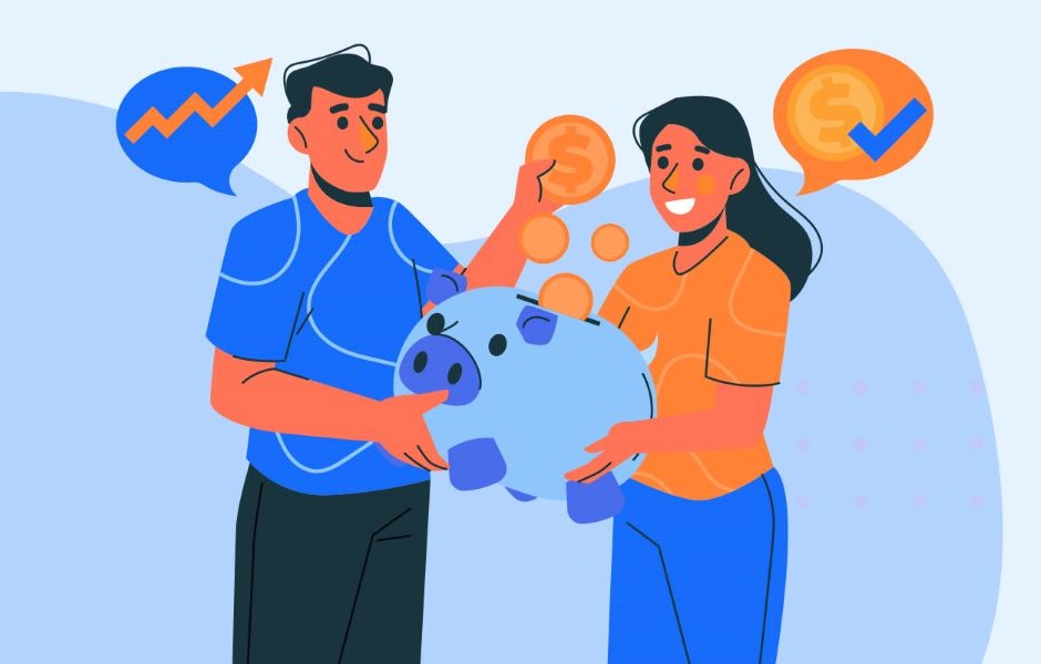 Ilustração de um homem e uma mulher segurando um porquinho com moedas ao redor, simbolizando finanças e economia, com elementos de crescimento financeiro e sucesso.