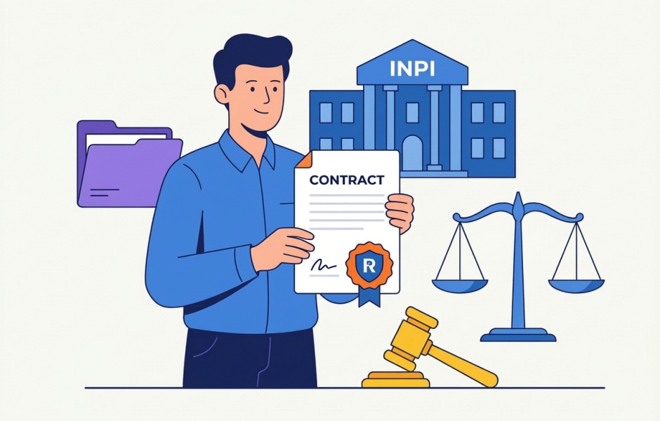 Ilustração vetorial apresentando personagem de camisa azul exibindo contrato com selo de marca registrada ($\Registered$). Elementos visuais incluem pasta de arquivos, prédio do INPI ao fundo, balança da justiça e martelo de juiz.