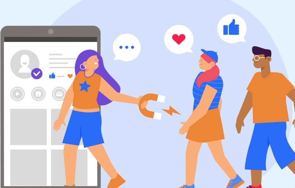 Ilustração de jovens interagindo nas redes sociais, com uma jovem usando um ímã para atrair a atenção de seguidores, destacando o conceito de engajamento digital e estratégias para aumentar seguidores.