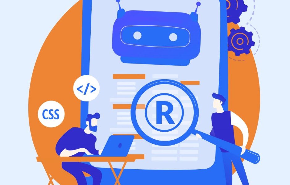 Imagem ilustrativa de programação e desenvolvimento de robôs, com elementos de CSS, código, engrenagens e robô, destacando tecnologia e inovação.