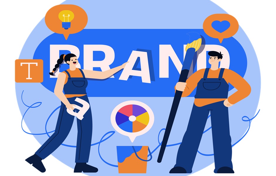 Ilustração com dois personagens segurando pincéis gigantes. Entre eles, há um balde de tinta, e ao fundo está escrito "Brand".