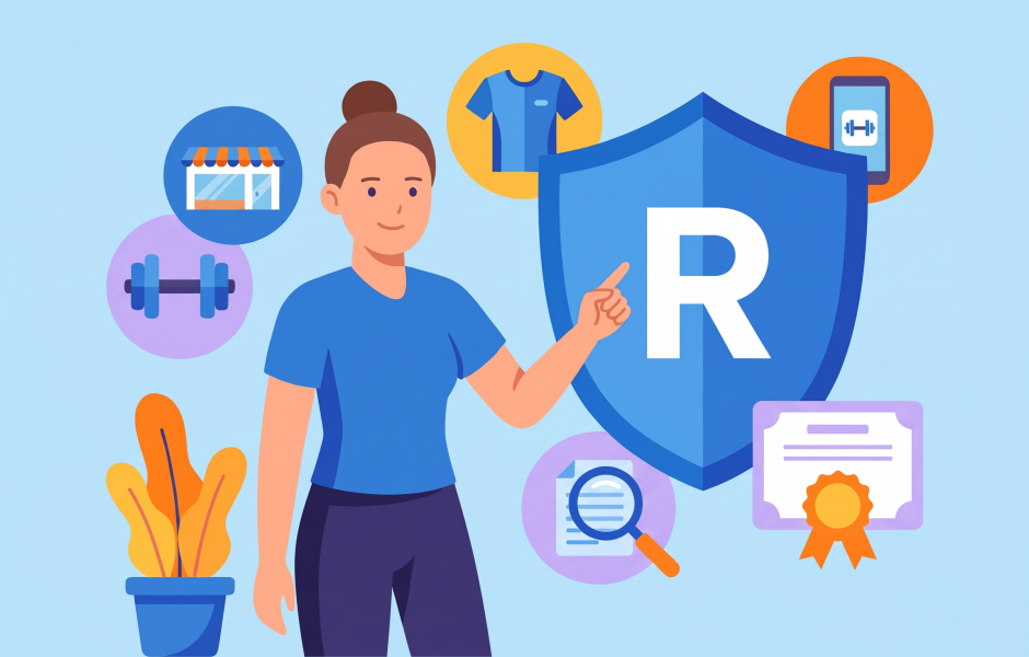 Ilustração vetorial em fundo azul destaca figura humana apontando para grande escudo azul com a letra "R" registrada. Ao redor sobressaem ícones circulares que representam haltere, fachada de estabelecimento, camisola esportiva, aplicação móvel, lupa sobre documento e certificado com selo de garantia.
