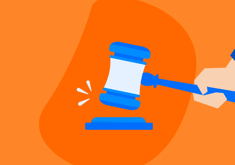 Ilustração da consolide mostrando um malhete sendo usado segurado por uma mão, fundo da imagem em cor laranja