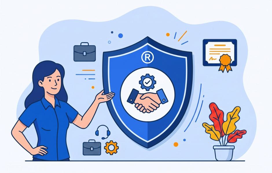 Ilustração de uma mulher gesticulando em direção a um grande escudo azul que exibe o símbolo de marca registrada "®" e um aperto de mãos com engrenagem. Ao redor, ícones de maleta, fone de ouvido, certificado e um vaso de planta complementam a cena sobre proteção, acordos e registro de marcas.