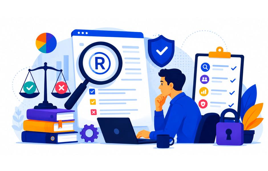 Ilustração vetorial em tons de azul e amarelo mostrando um homem trabalhando no notebook. No centro, uma grande tela exibe o símbolo de marca registrada (®) sob uma lupa. Ao redor, há elementos que representam conformidade jurídica e segurança: uma balança de pratos sobre livros, um escudo de proteção com checkmark, uma prancheta de verificação e um cadeado fechado.