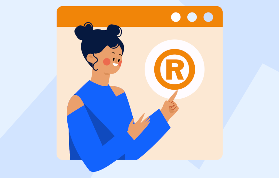 Ilustração de uma mulher apontando para um símbolo de marca registrada exibido em uma tela.