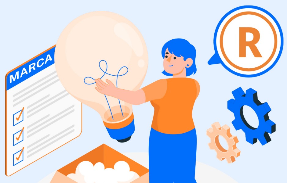 Ilustração de uma pessoa criando uma ideia inovadora, com elementos como lâmpada, marca, marca registrada, e engrenagens, simbolizando criatividade e inovação.