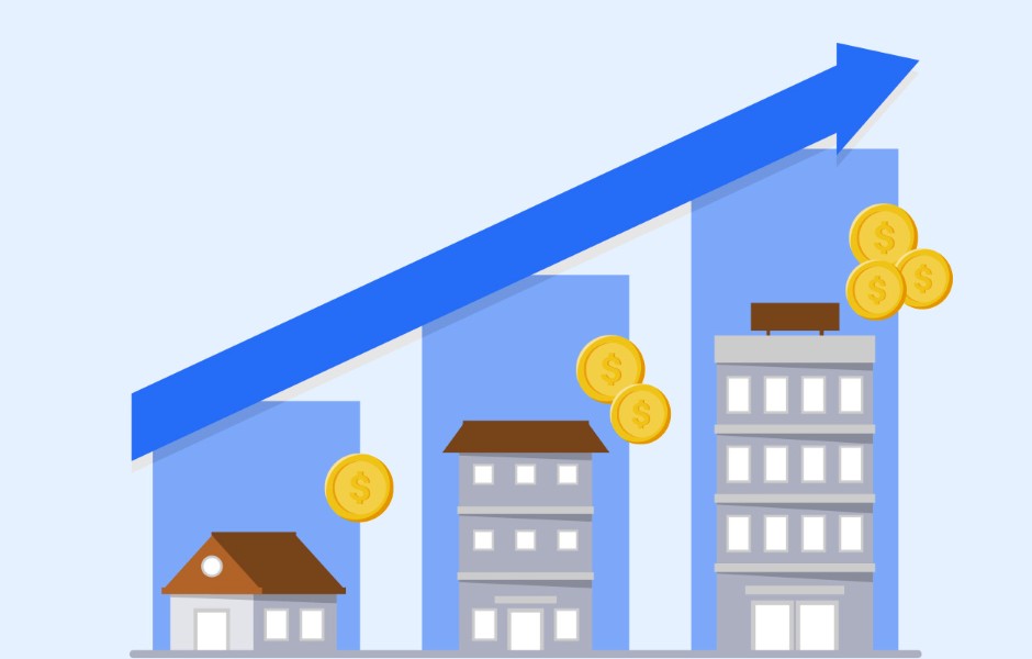Gráfico de crescimento com prédios e moedas, representando valorização de imóveis e investimentos no setor imobiliário.