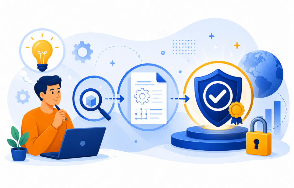 Ilustração vetorial em tons de azul de um homem com uma lâmpada de ideia na cabeça, trabalhando em seu notebook.