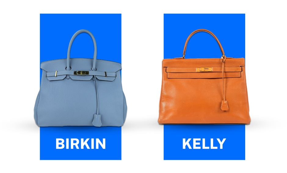 Duas bolsas uma indicada como birkin e a outra indicada como kelly