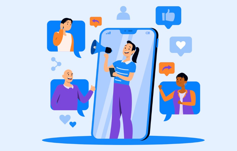 Ilustração de uma mulher usando um megafone dentro de um smartphone, interagindo com pessoas em redes sociais e aplicativos de comunicação.