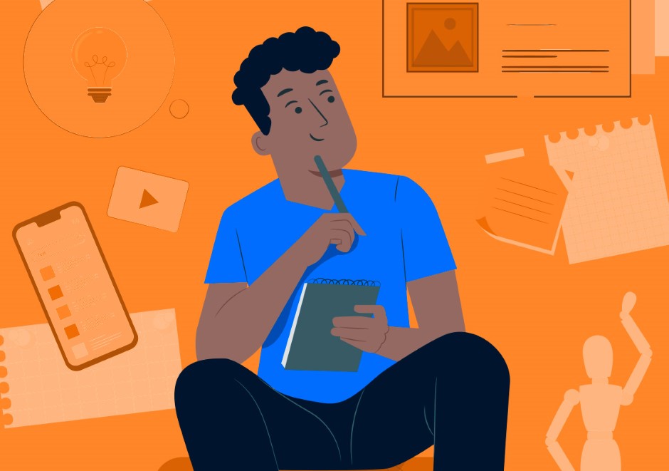 Ilustração de um homem pensativo sentado, em uma das mãos um caderno e na outra um lápis apontado para seu queixo