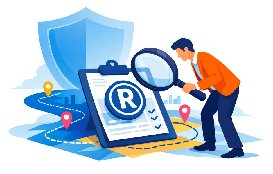 Ilustração de um homem com uma lupa analisando um documento com o símbolo de marca registrada (R), sobre um mapa com pontos de localização e um escudo azul ao fundo, simbolizando a consulta e proteção de marcas no INPI.