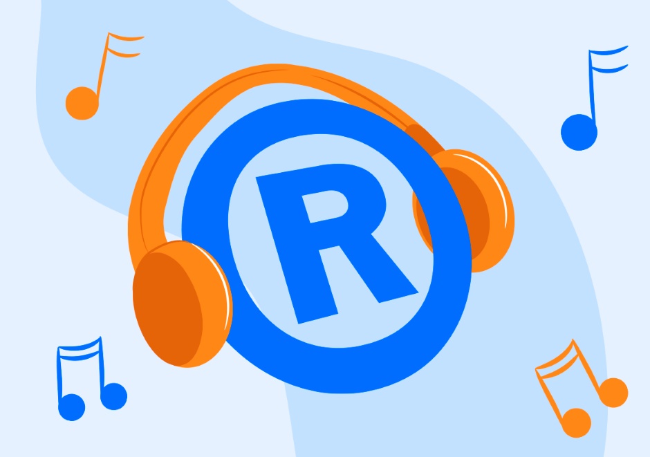 Ilustração da letra R, representando o registro de marca, escutando música com um headset. Notas musicais em fundo de imagem com cor branca