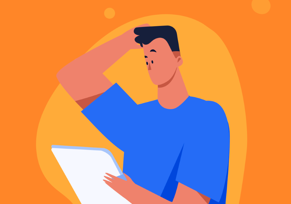 Ilustração de um homem com documentos em uma das mãos e a outra mão sobre a cabeça, fundo da ilustração na cor laranja