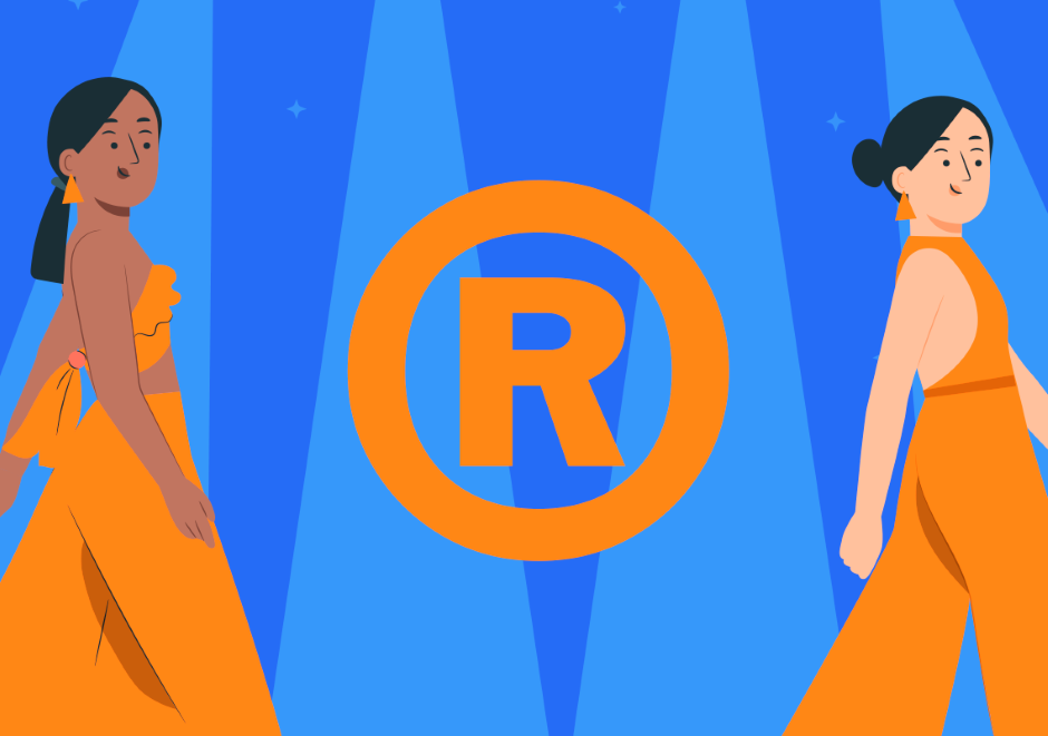Ilustração de duas mulheres com vestido, uma em cada lado da imagem, no centro da imagem o símbolo representativo do registro de marca