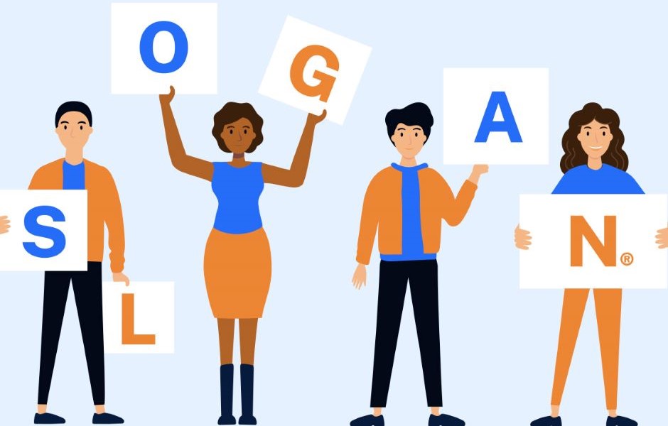 Ilustração de quatro pessoas segurando placas com letras que formam a palavra "SLOGAN", representando um conceito de registro ou criação de slogan.