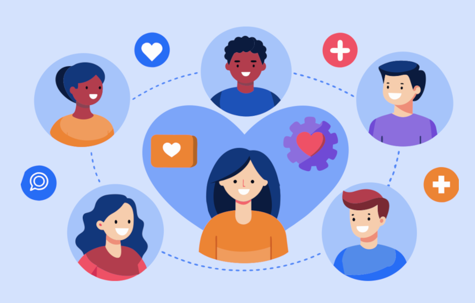 Ilustração de perfis de várias pessoas interconectadas por linhas. No centro dessa rede, há uma mulher destacada por um coração, representando a persona da marca.