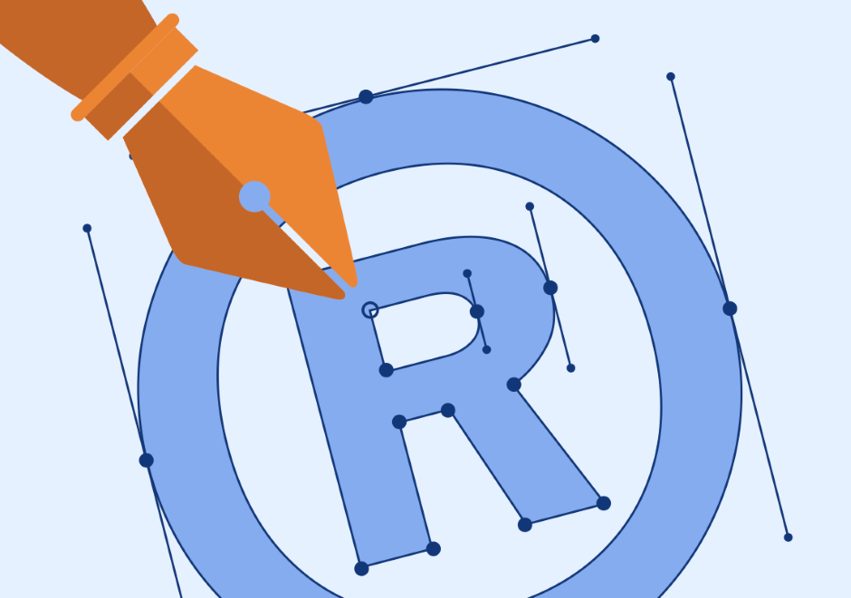 Ilustração do "r" de registro de marca e uma ponta de caneta tinteiro