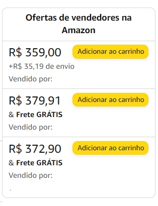 Ilustração de buy box da amazon, com três opções de valores diferentes de um mesmo produto