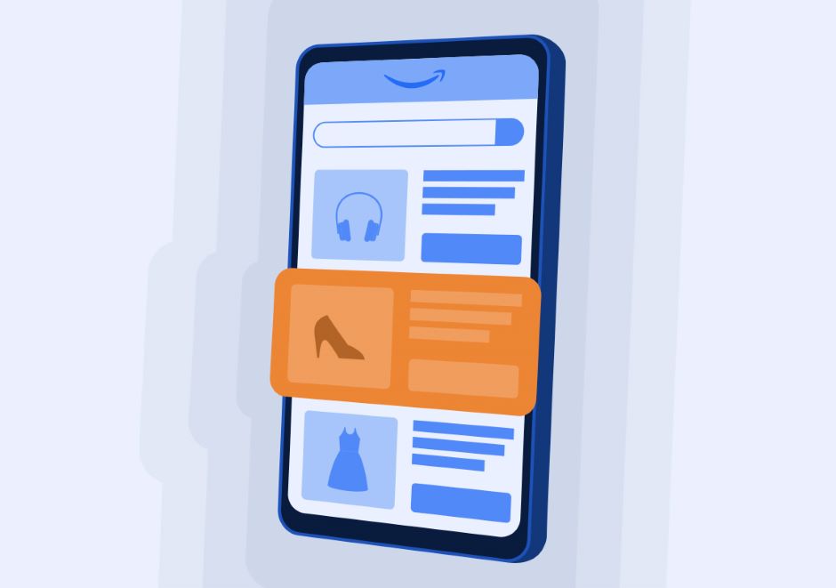 Ilustração de um celular com uma aparente página da loja virtual da amazon com alguns produtos, onde um dos produtos está destacado na tela