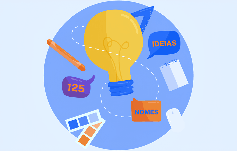 Imagem ilustrativa com uma lâmpada amarela e elementos de criatividade, incluindo ideia de nomes e cores, representando 125 ideias para nomes.