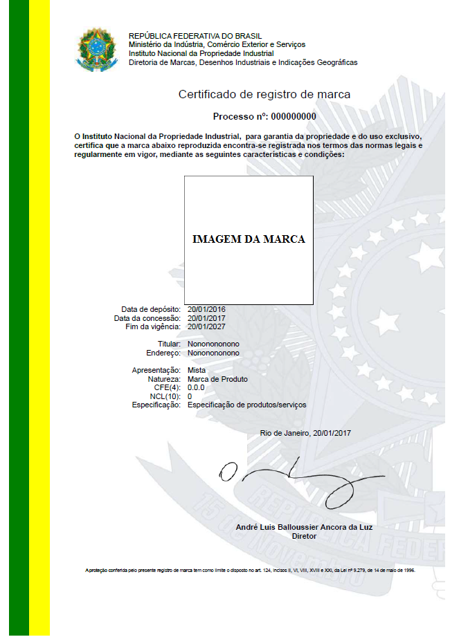 Modelo certificado de registro de marca INPI